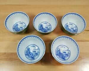 Takahashi Japan Tea Cups Set of 5 San Fransisco Green Blue Windmill Chinoiserie